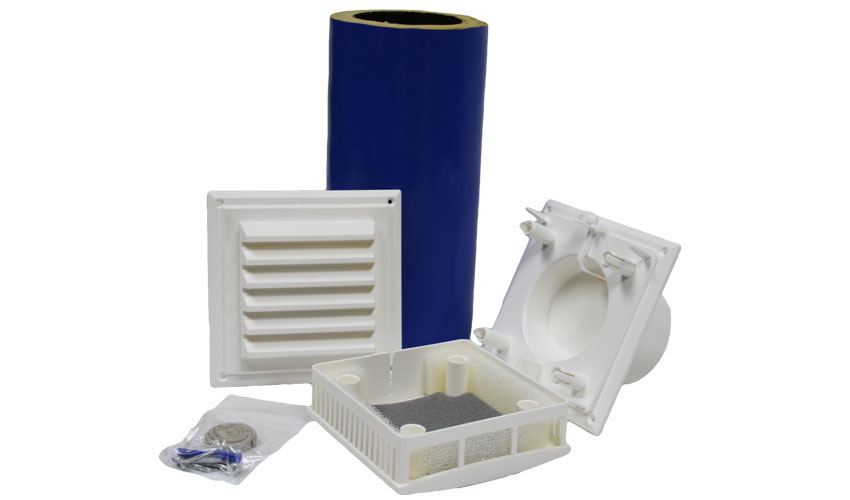 Condar's noise insulated air supply ventilator pieces including screws and caulking
